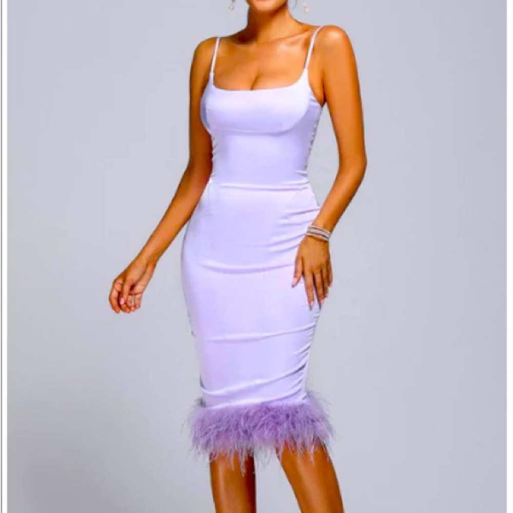 Brand new lilac satin midi dress (straps) with feathers adorning the hem line.